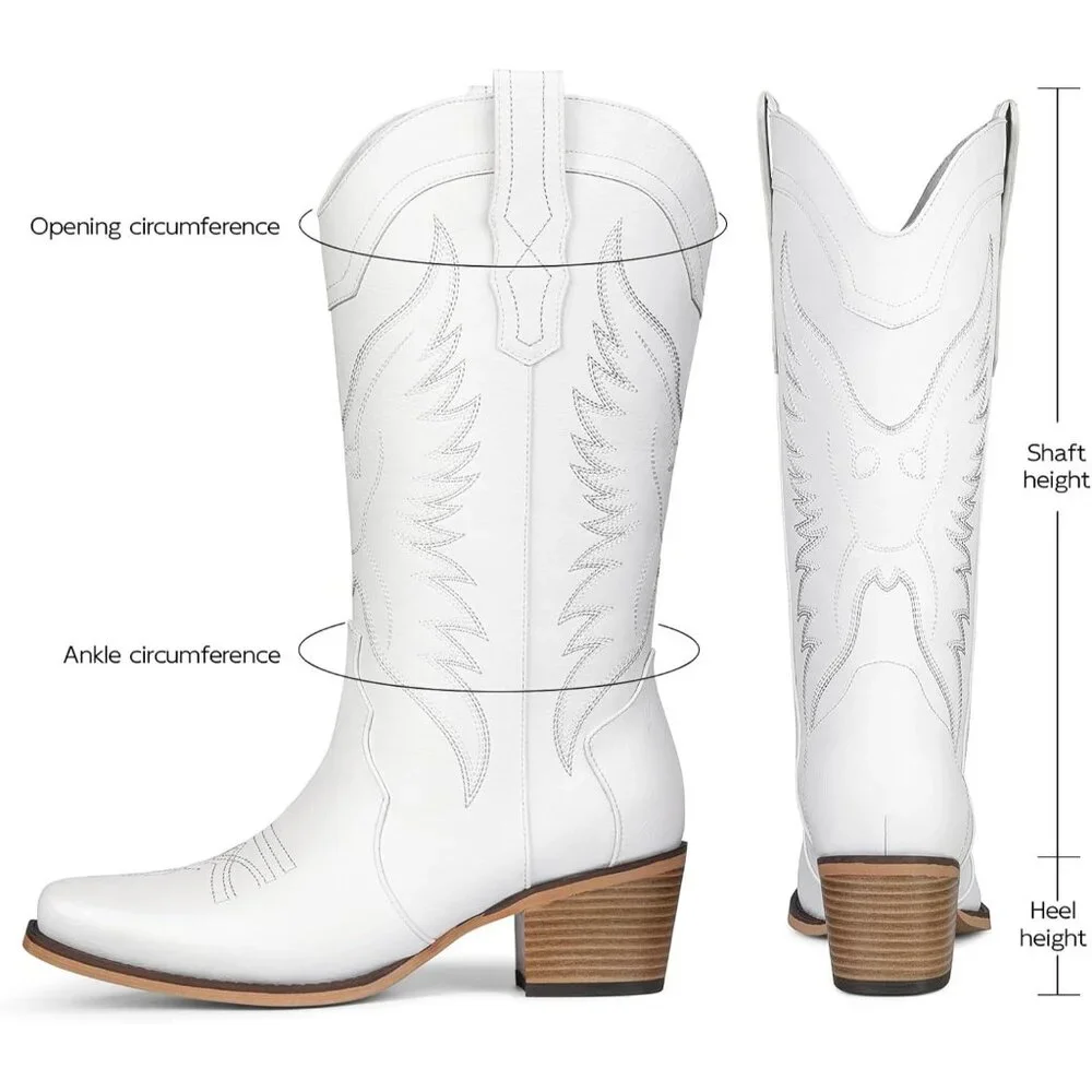 Women's White Cowgirl Boots with Pointed Toe Mid Calf Chunky Heel Snip Toe - Picture 5 of 6